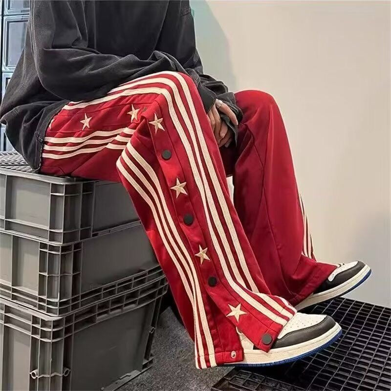 American retro embroidered hip-hop striped button-down pants
