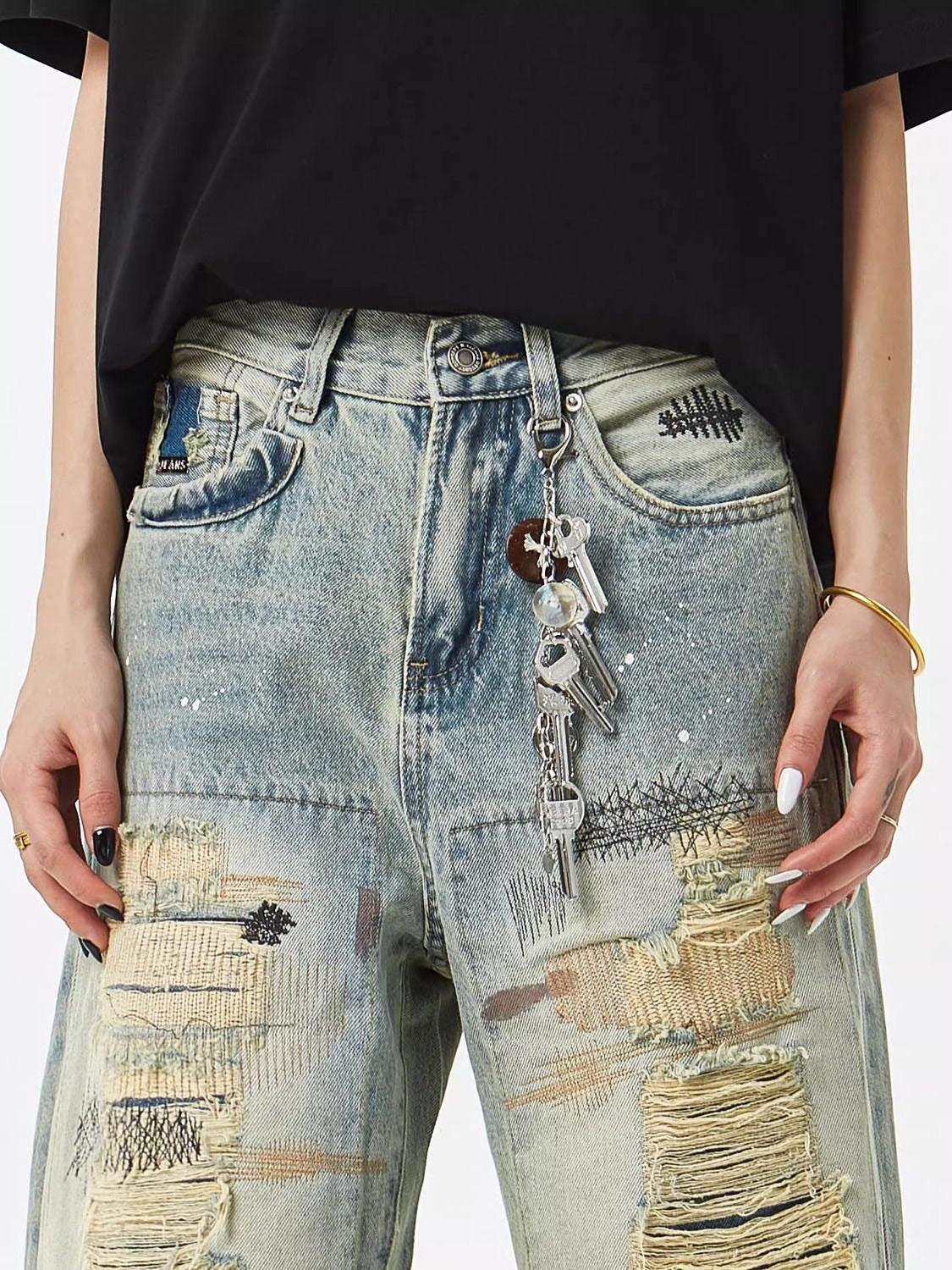 American dirty distressed patch baggy jeans