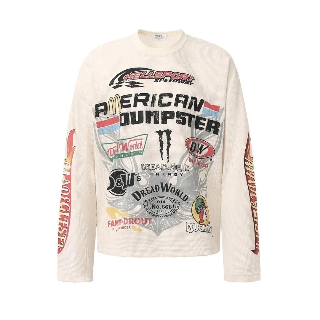 American high street hip-hop printed biker style long-sleeved T-shirt