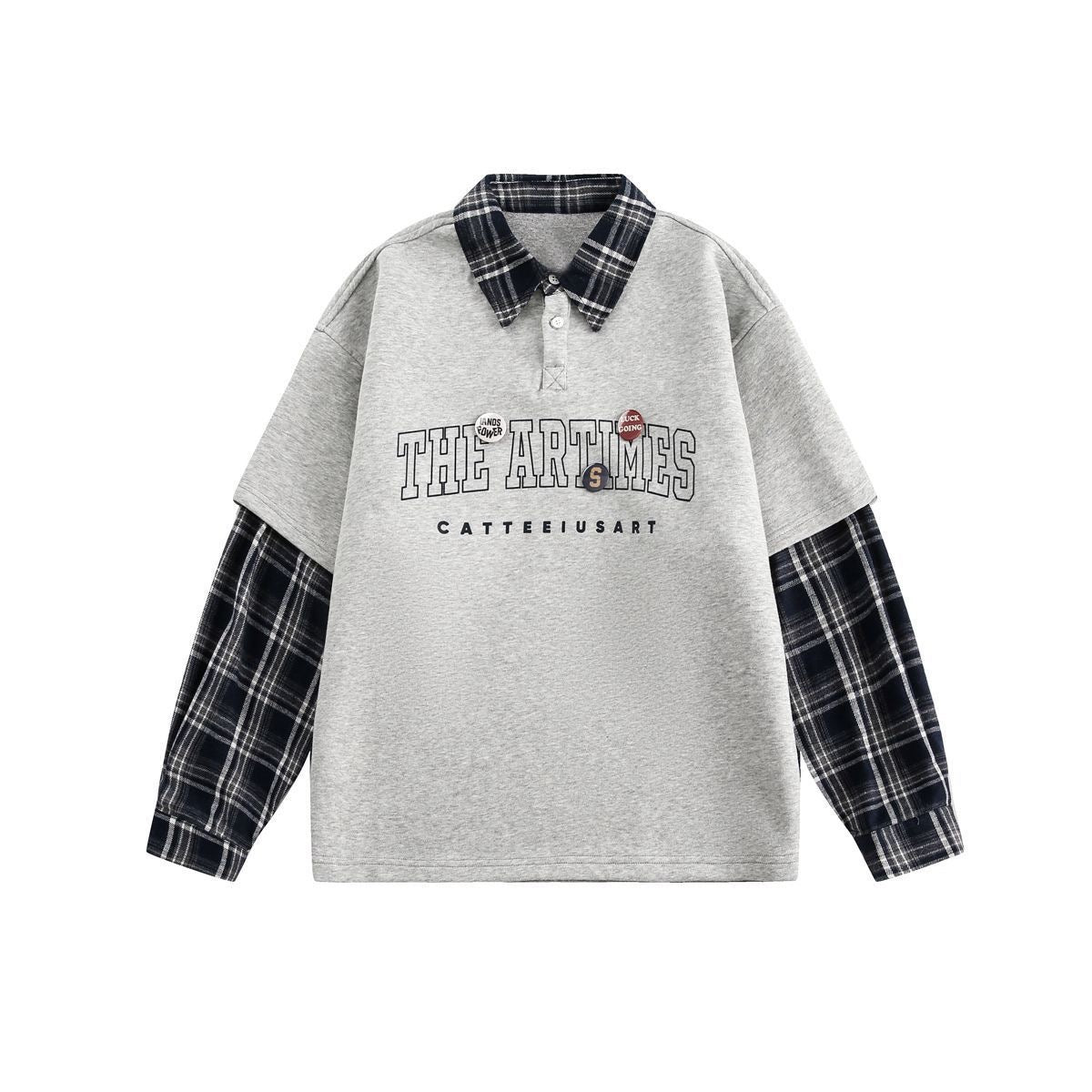 Retro Plaid Patchwork Sweatshirt Polo Shirt