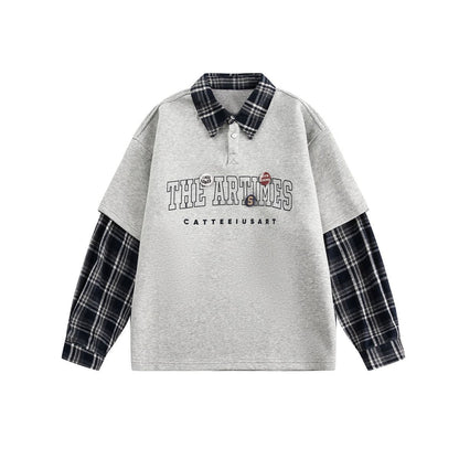Retro Plaid Patchwork Sweatshirt Polo Shirt