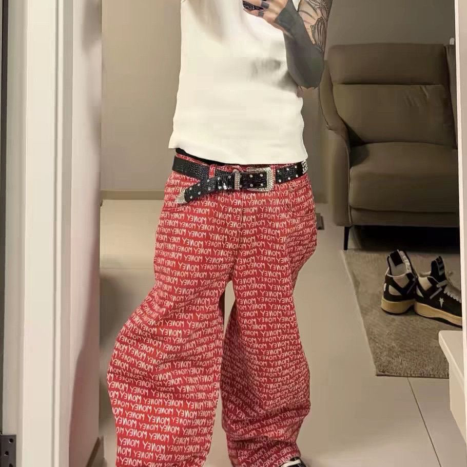 Men's Red Wide-Leg Straight Denim Pants with American Street Lettering Print