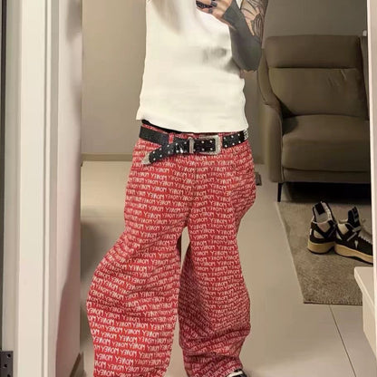 Men's Red Wide-Leg Straight Denim Pants with American Street Lettering Print