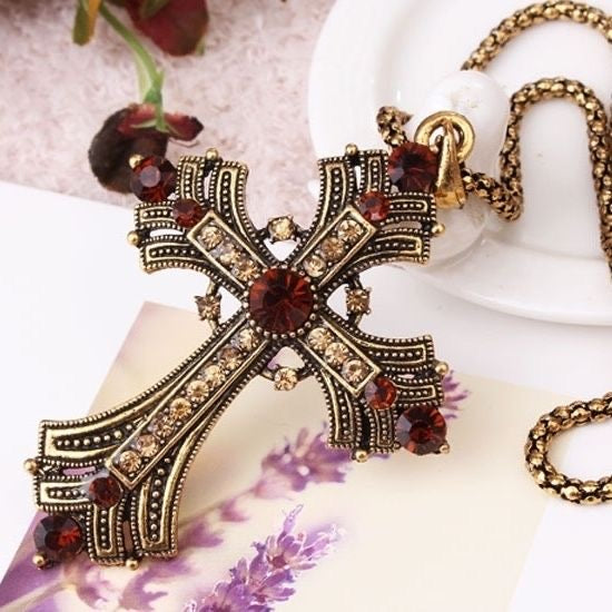 Gold vintage rhinestone cross sweater necklace
