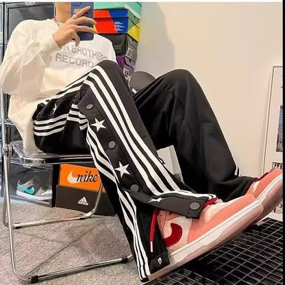 American retro embroidered hip-hop striped button-down pants