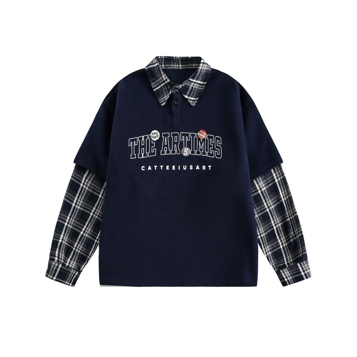 Retro Plaid Patchwork Sweatshirt Polo Shirt