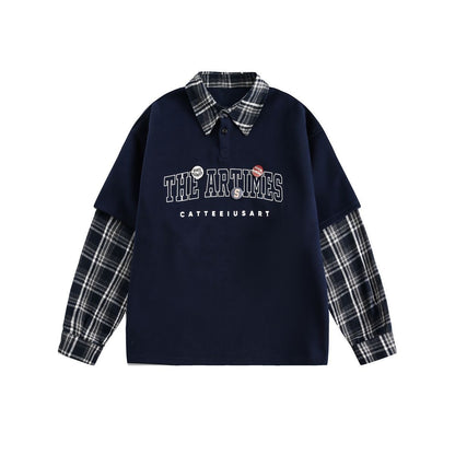 Retro Plaid Patchwork Sweatshirt Polo Shirt