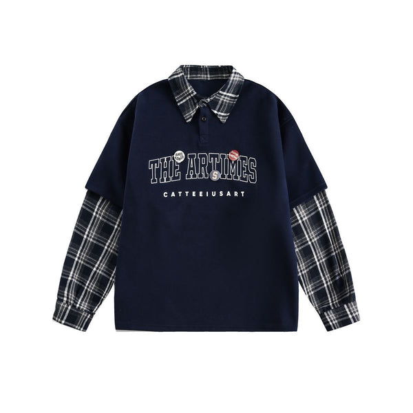 Retro Plaid Patchwork Sweatshirt Polo Shirt