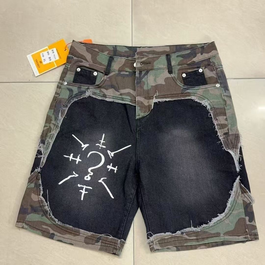 Retro Patchwork Camouflage Ripped Jeans