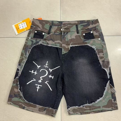 Retro Patchwork Camouflage Ripped Jeans