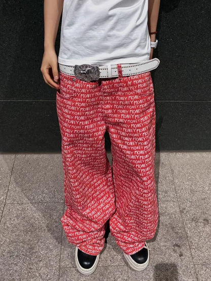 Men's Red Wide-Leg Straight Denim Pants with American Street Lettering Print