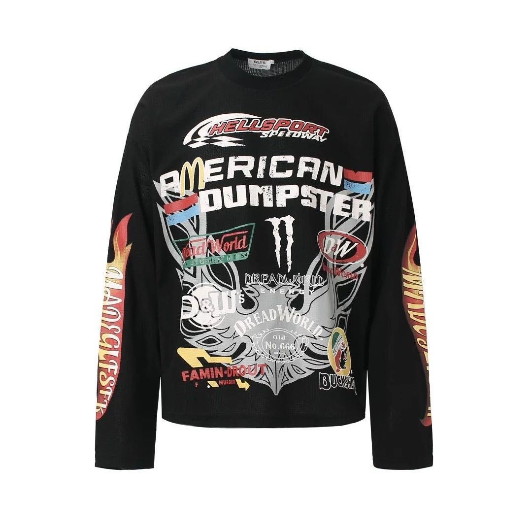 American high street hip-hop printed biker style long-sleeved T-shirt