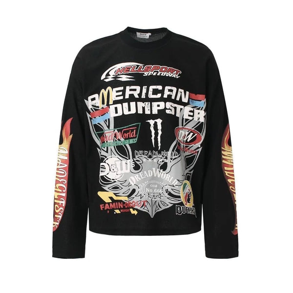 American high street hip-hop printed biker style long-sleeved T-shirt