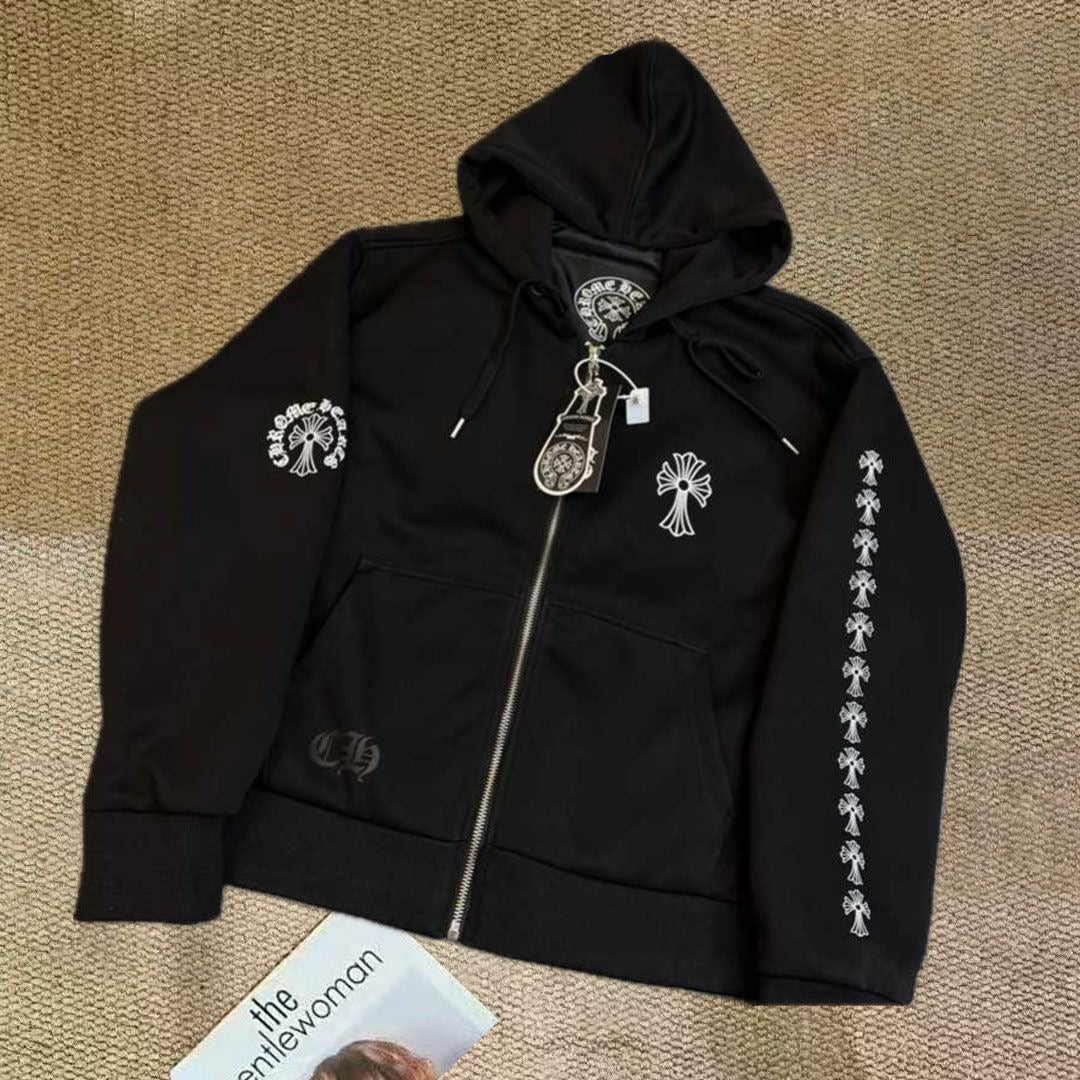 CH brand cross print Sanskrit zip-up hoodie