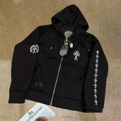 CH brand cross print Sanskrit zip-up hoodie