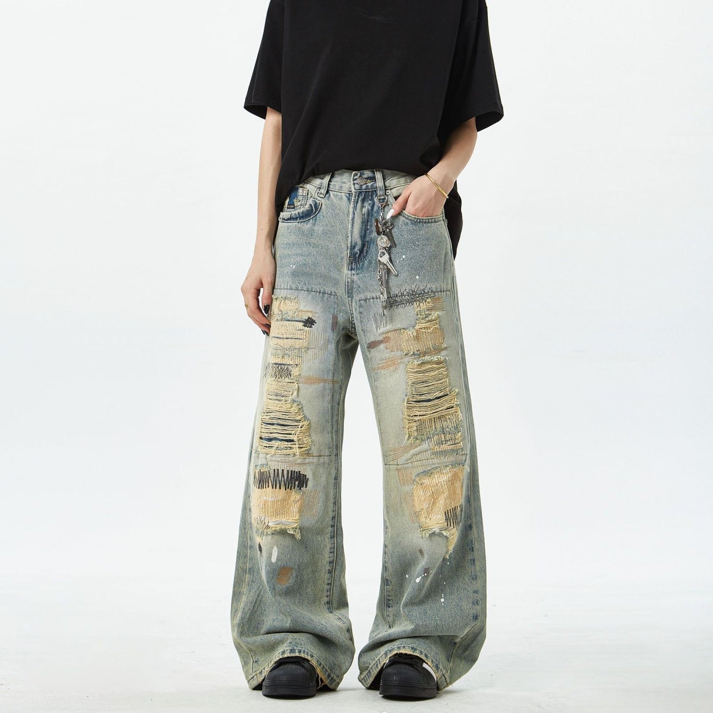 American dirty distressed patch baggy jeans