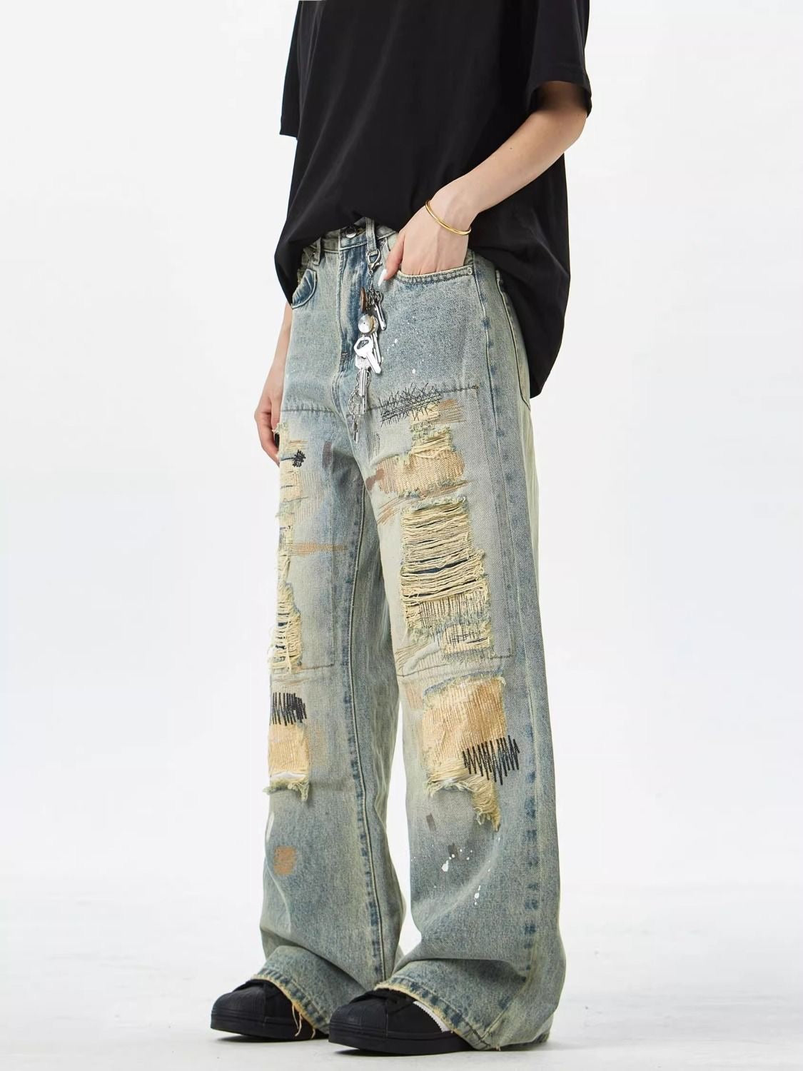 American dirty distressed patch baggy jeans