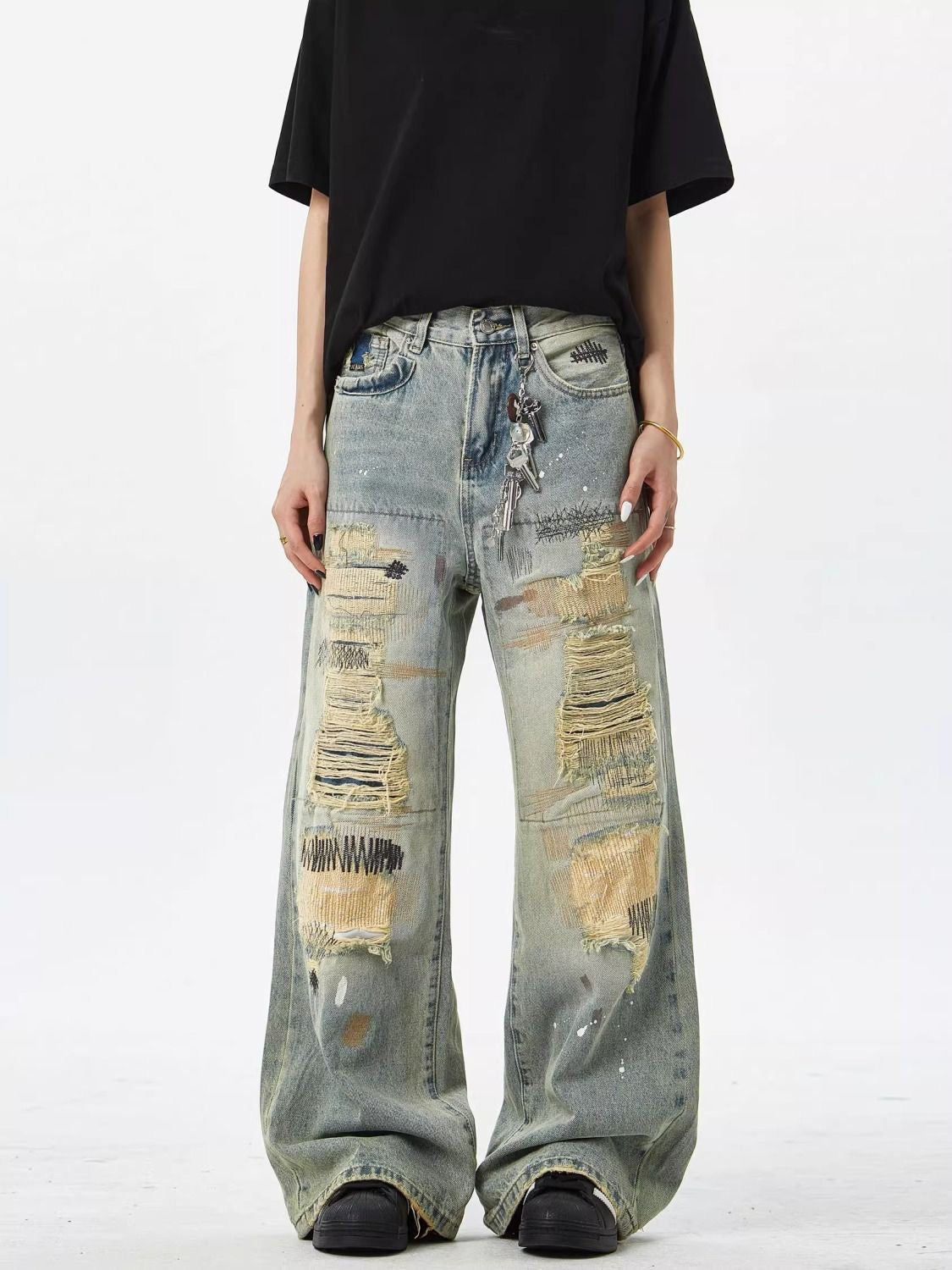 American dirty distressed patch baggy jeans