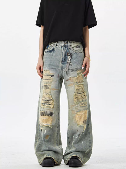 American dirty distressed patch baggy jeans