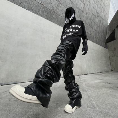 Pleated Loose-Fit PU Leather Pants