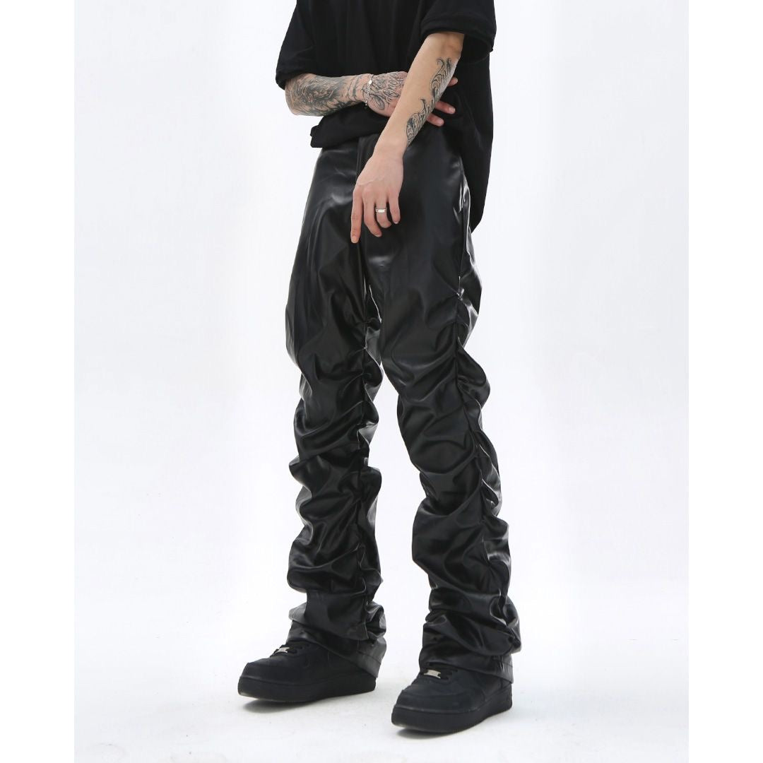 Pleated Loose-Fit PU Leather Pants